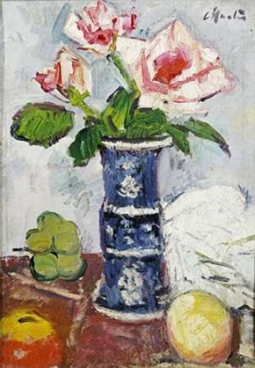 Pink Roses In a Chinese Blue and White Gu-Shaped Vase Poster Print by George Leslie Hunter - Item # VARPDX265039